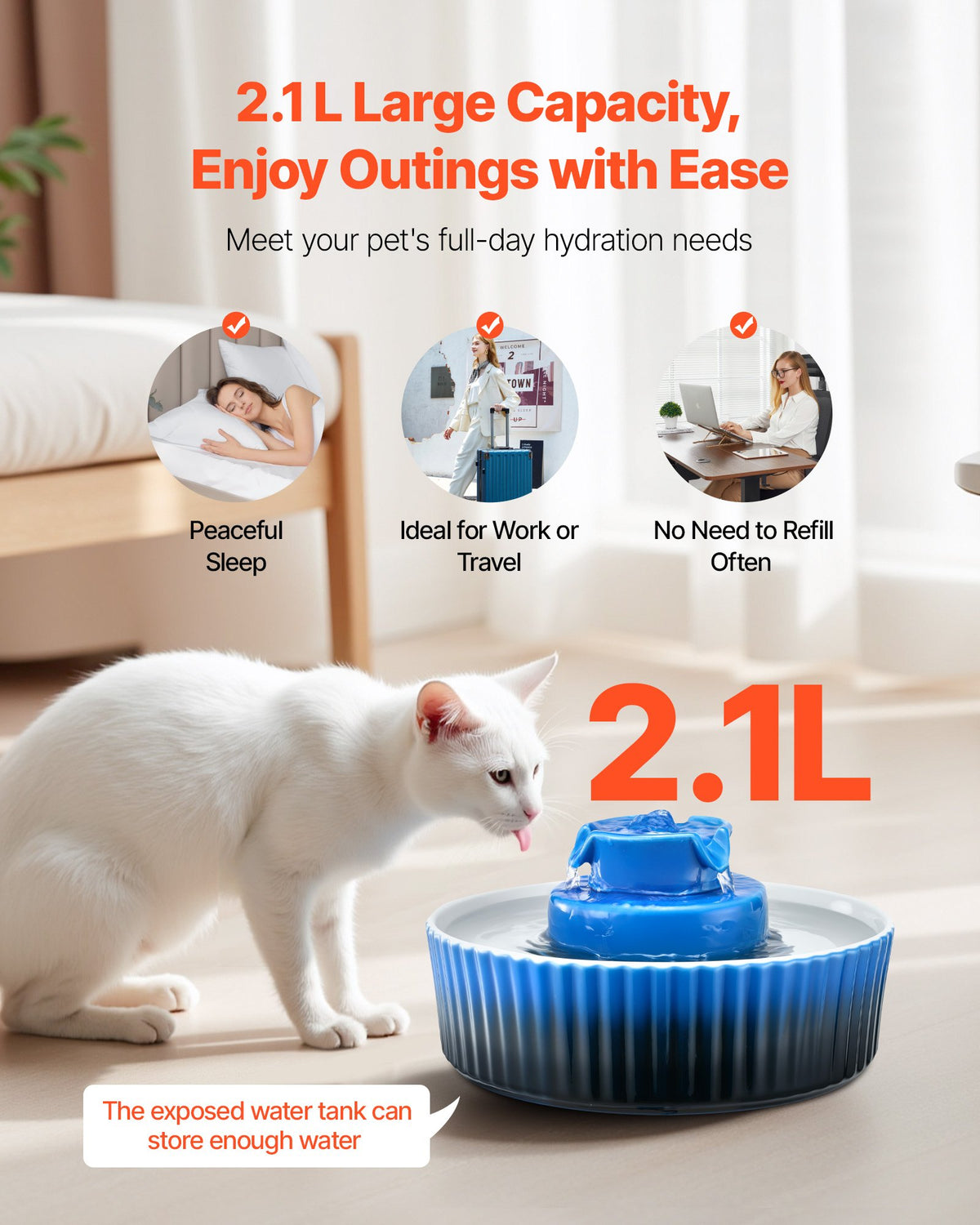 Ceramic Cat Water Fountain, 2.1 L Cupcake Pet Fountain, Porcelain Cat