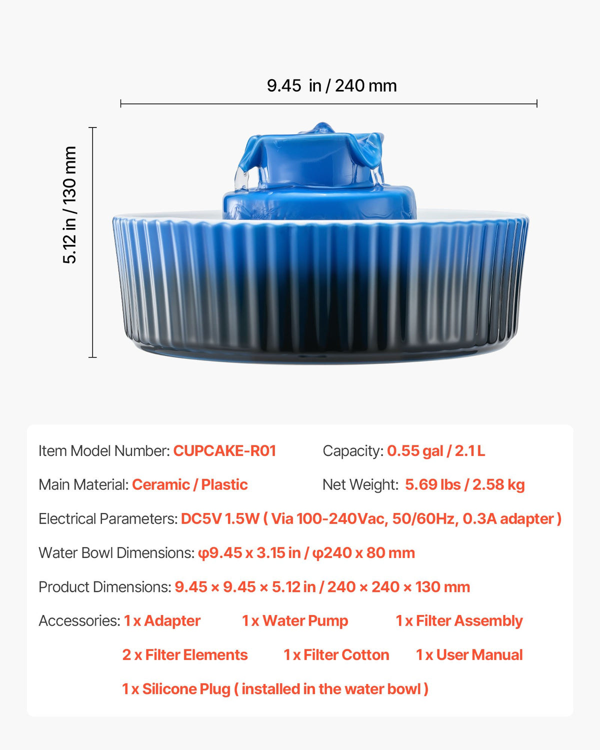 Ceramic Cat Water Fountain, 2.1 L Cupcake Pet Fountain, Porcelain Cat